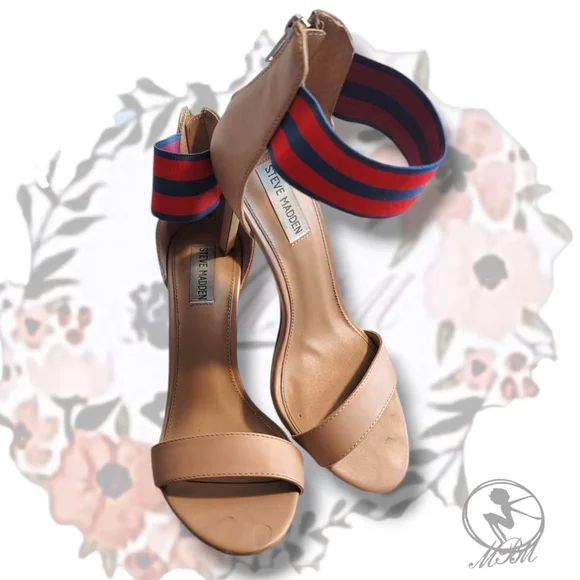 💕 Steve Madden "Paradise" Red and Blue Stripe Elastic Band Nude Heels size 10m - Picture 2 of 6